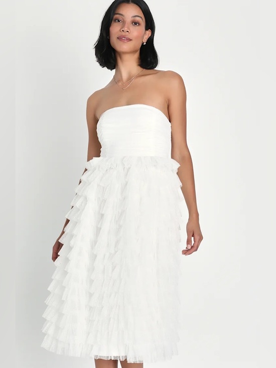 Lulus Dresses & Skirts - NWT Lulus Prepare to Party White Mesh Swiss Dot Ruched Tiered Tulle Midi Dress